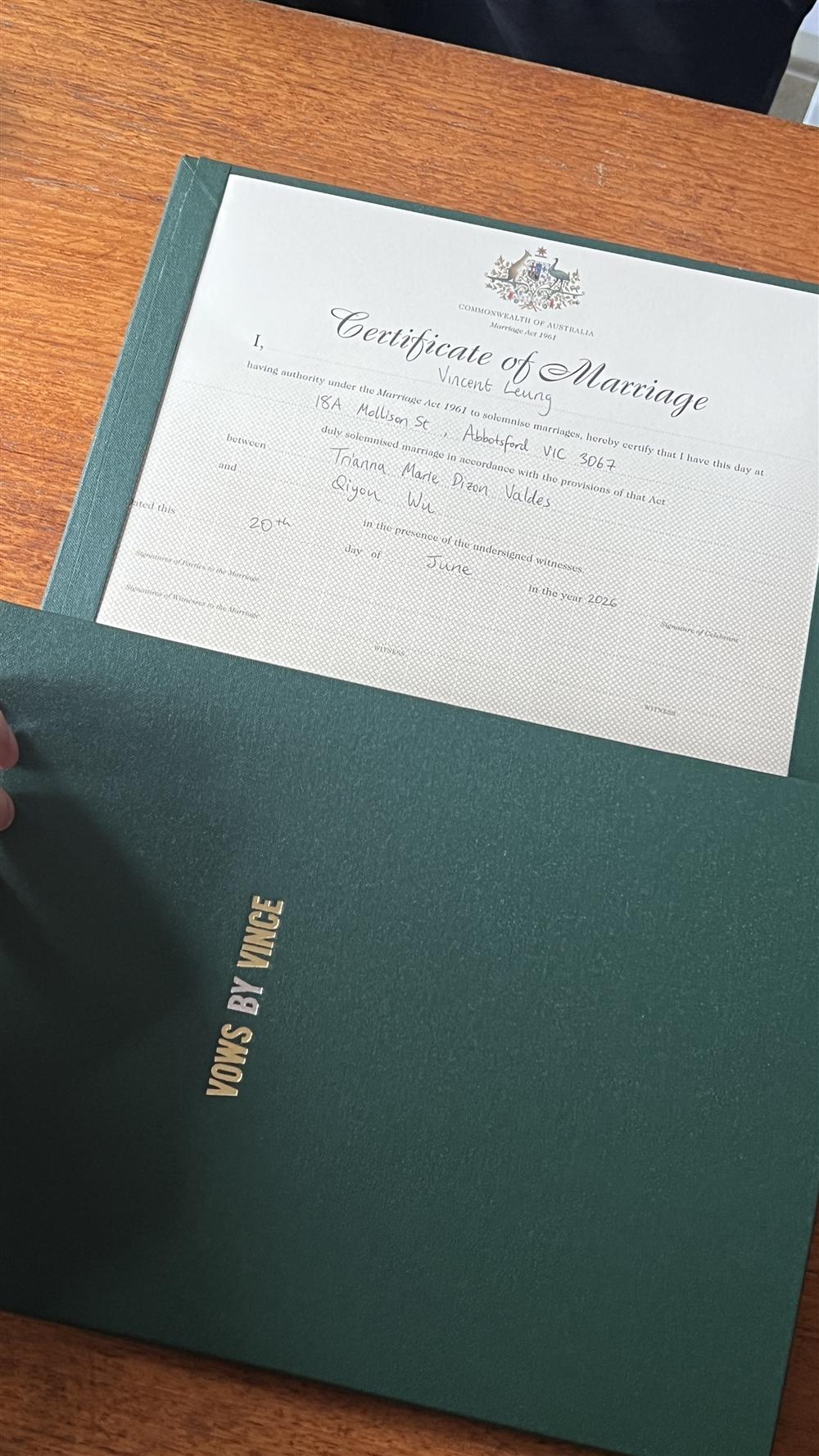 A signed certificate of marriage